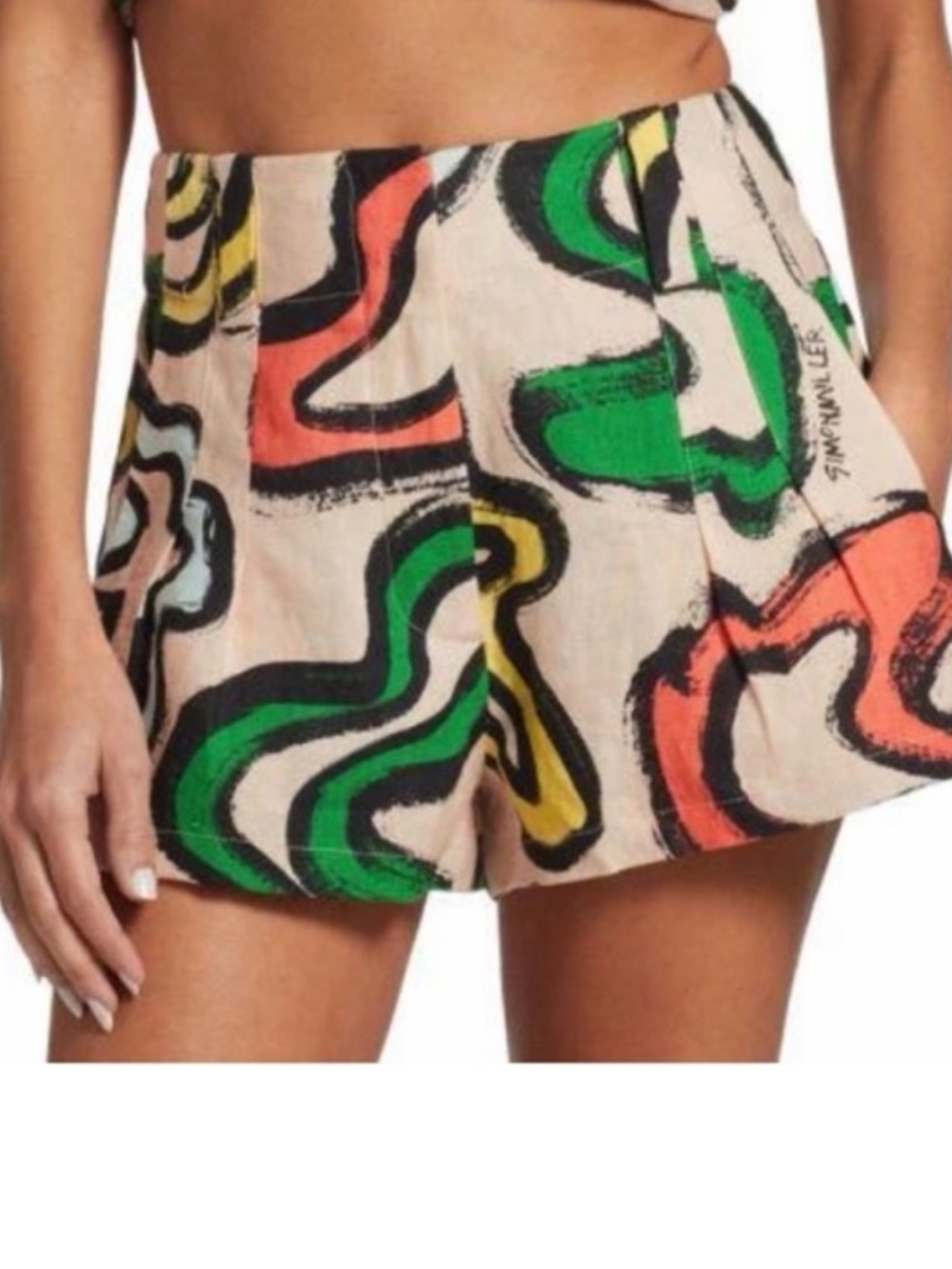 Simon Miller Abstract Wave Print High Waisted Shorts in Coral, Green & Yellow
